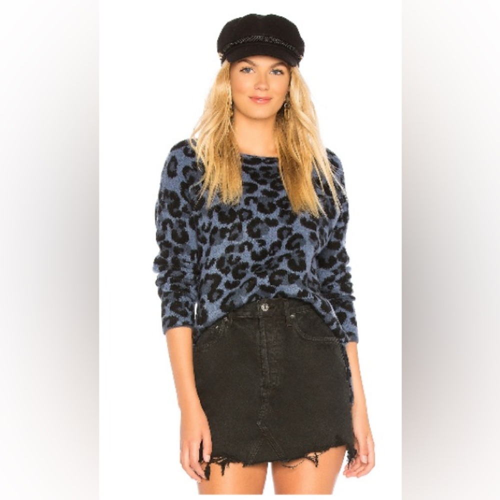 Central Park West Leopard Boat Neck Cashmere Sweater in Blue Revolve Boutique